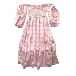 Pink Gingham Smocked Off Shoulder Cottagecore Dress XS